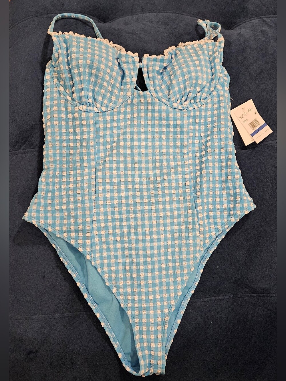 Jessica Simpson Blue Gingham One-Piece Swimsuit with Molded Cups - Picture 2 of 5